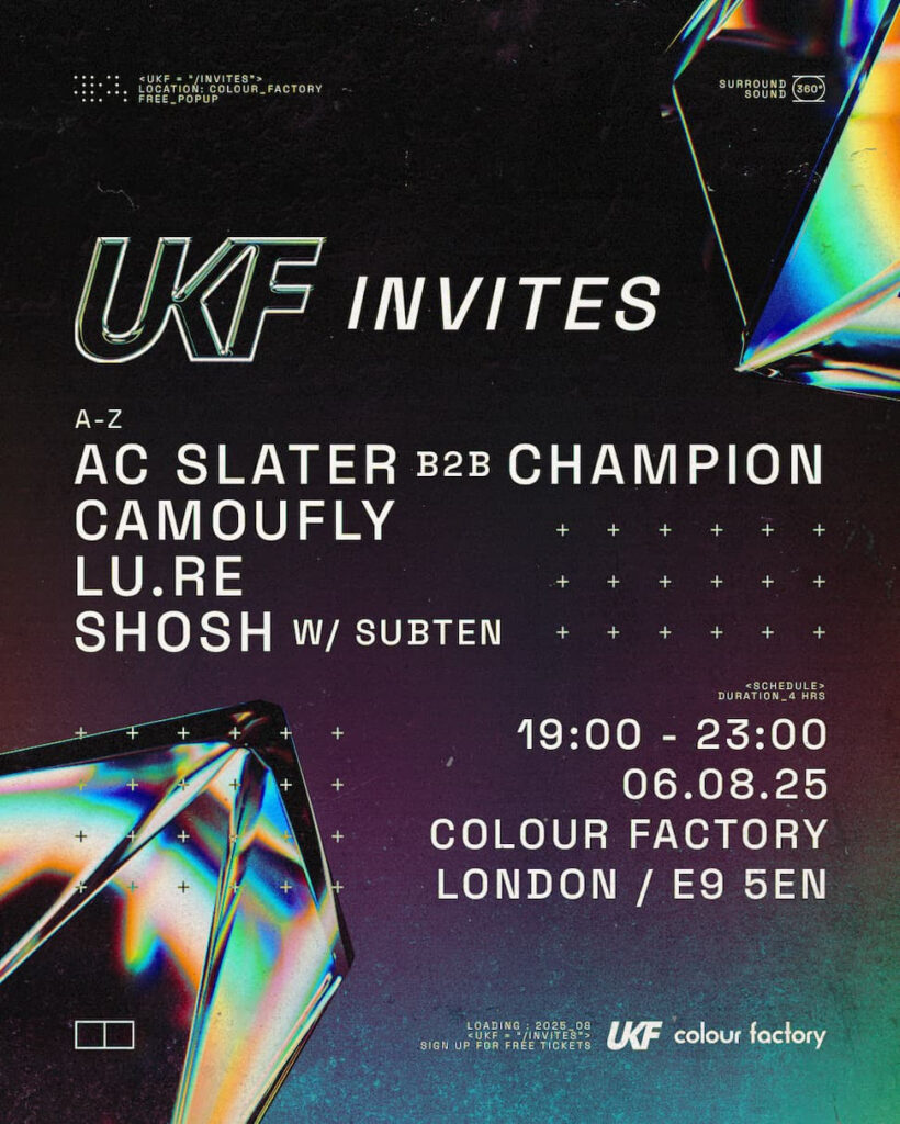 UKF Invites flyer AC Slater b2b Champion camoufly SHOSH Subten Lu.Re
